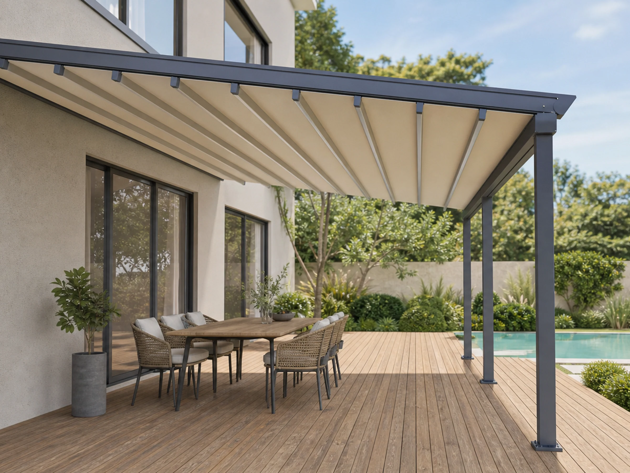 Folding Canopy Systems in an outdoor setting